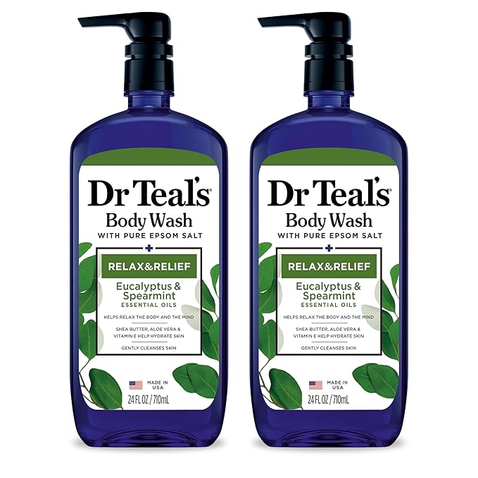Dr Teal's Body Wash Bundle with Epsom Salt (24 fl oz Pack of 2) - Eucalyptus &amp Spearmint and Melatonin &amp Essential Oil Blend