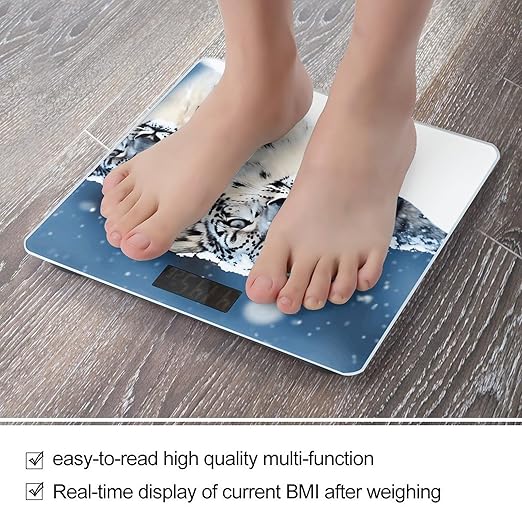 Blue Eyed Snow Leopard Scale for Body Weight Safe Rounded Corners Tempered Glass Digital Bathroom Scale LED Display 400lb Capacity Weight Scales with High Precision Sensors