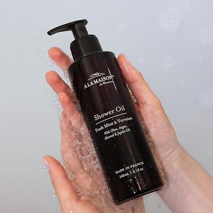 A LA MAISON Cleansing Shower Oil – Fresh Mint &amp Verveine – Hydrating Body Wash Alternative with Olive Argan &amp Jojoba Oils – Plant-Based Biodegradable Made in France 8.1 fl oz – Amber Collec