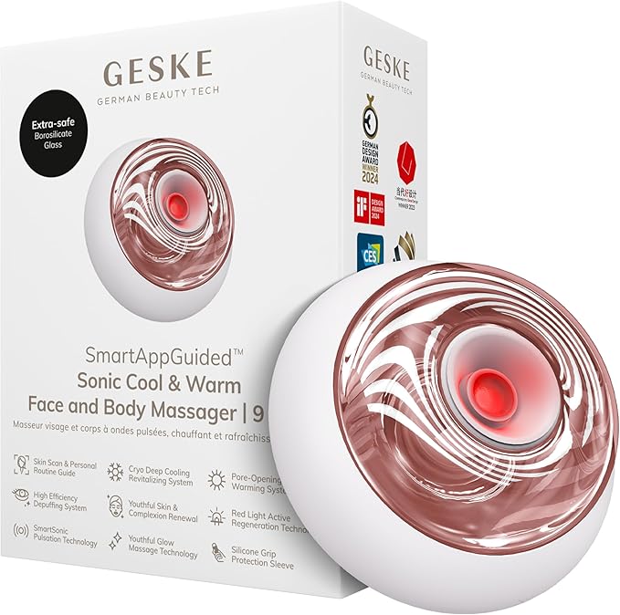 GESKE SmartAppGuided™ Sonic Cool &amp Warm Face &amp Body Massager | 9 in 1 | Electric Massager | Face &amp Body | Battery-Free Cooling &amp Warming | Firms Relaxes &amp De-Puffs Skin | with Sma