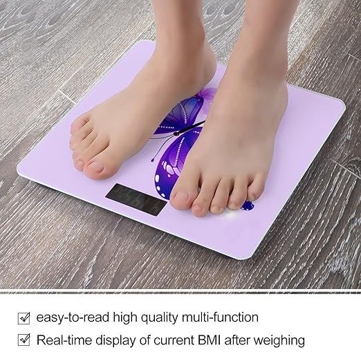 Purple Butterfly Scale for Body Weight Anti-Slip Digital Bathroom Scale Sturdy Toughened Glass Weighing Scales High Precision Safe Rounded Corners Smart Scales