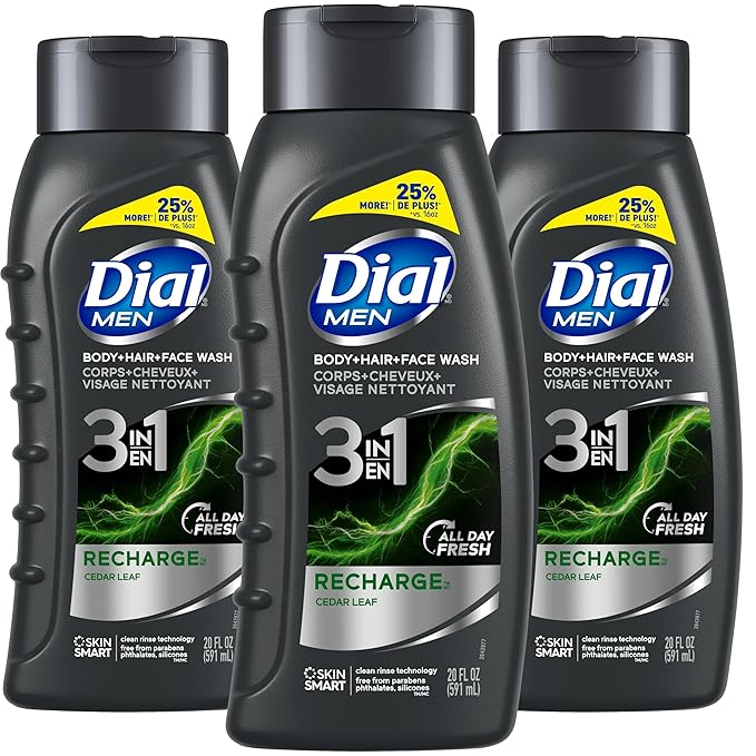Dial Men Body Wash 3 Pack Recharge 3-in-1 Body Hair and Face Wash Cedar Leaf Scent Long Lasting All Day Fresh Body Wash for Men 20 oz. Each