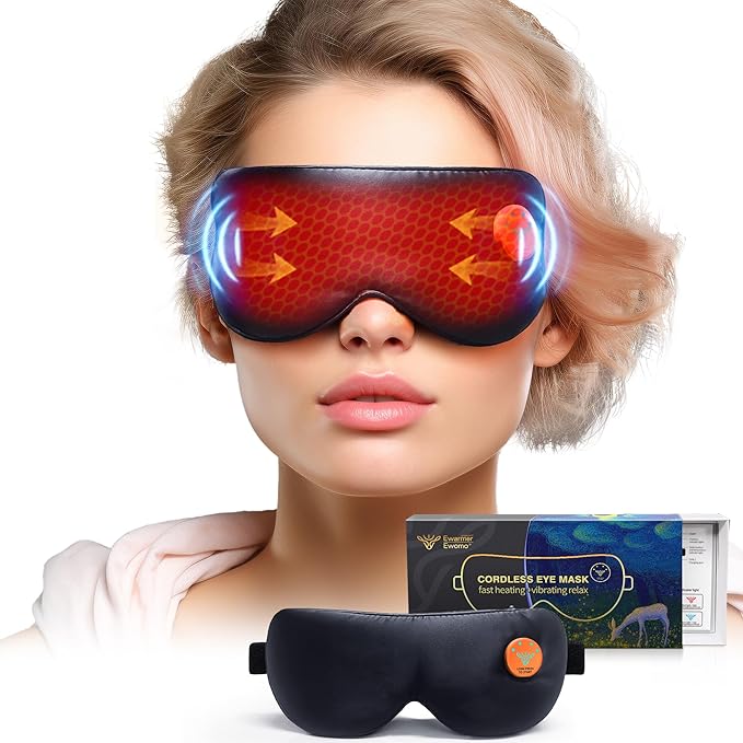 Electric Eye Massage Mask for Dry Eyes Relief Cordless Heated Vibrating Eye Massager Fast Heating RelaxationSilk Sleep Eye Mask100% Light BlockLight&ampPortable (Black)