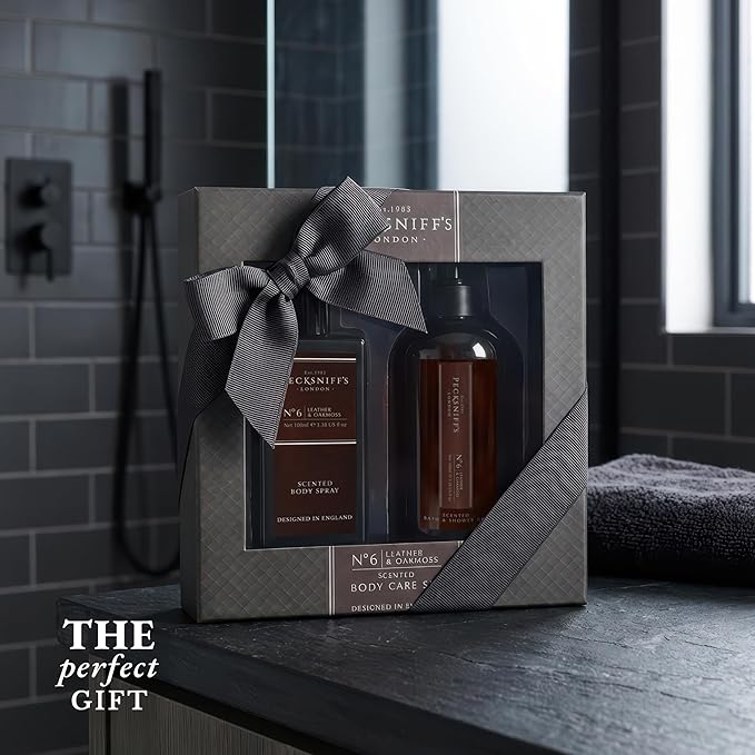 Pecksniff’s Men’s Body Duo Set – Leather &amp Oakmoss Scented Bath &amp Shower Gel 250ml &amp Body Spray 100ml – Luxury Grooming Gift Set for Him