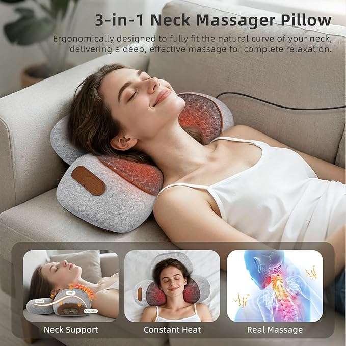 3-in-1 Neck Massager Pillow with Heat Massage &amp Stretcher Traction Massager for Neck Hump Shoulder &amp Muscle Relaxation Pain Relief &amp Cervical Support Ideal Gift for Women &amp Men