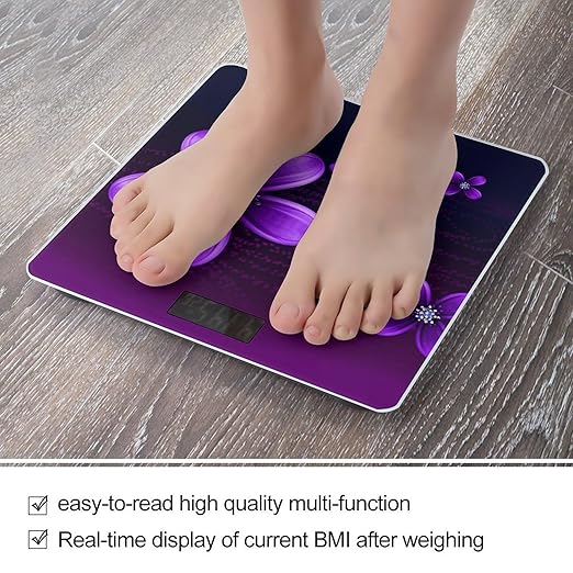 Purple Flower Scale for Body Weight Anti-Slip Digital Bathroom Scale Sturdy Toughened Glass Weighing Scales High Precision Safe Rounded Corners Smart Scales