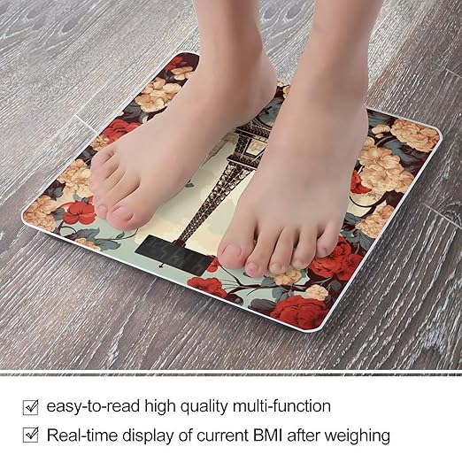 Paris Vintage Floral Bathroom Scale for Body Weight LCD Display Digital Bathroom Scale Tempered Glass Bathroom Weight Scales Fashion Smart Scales for Home Bedroom 400 Lb