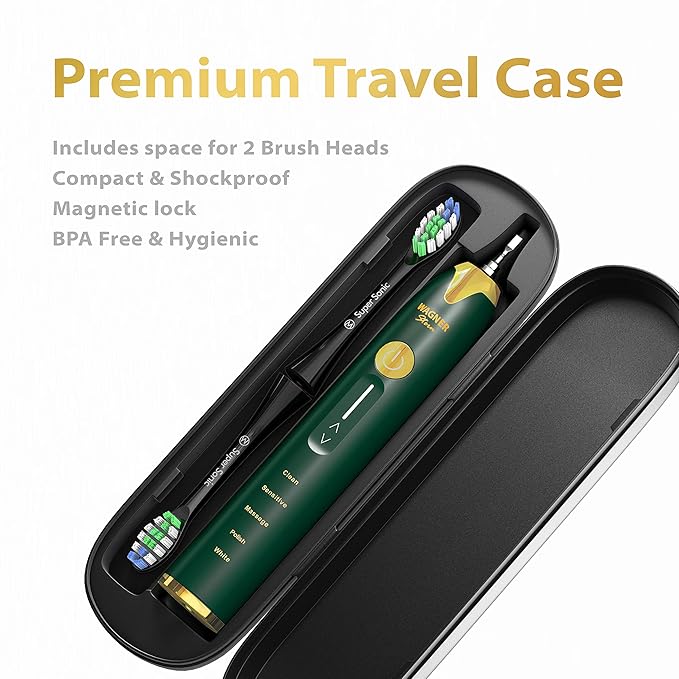 Wagner Stern Ultrasonic whitening Toothbrush with Pressure Sensor. 5 Brushing Modes and 4 Levels of Intensity 8 Soft bristles Travel case.