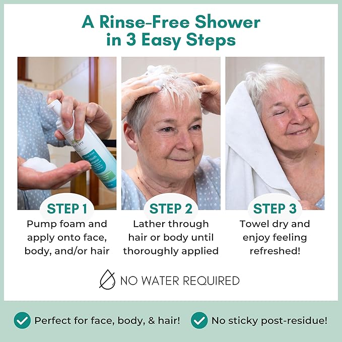 Nurture Rinse Free Body Wash &amp Shampoo w/Aloe | Hospital Grade Hair &amp Body Waterless Cleansing Foam | Women Camping Elderly &amp Hospital Patients | Shower Bath &amp Hand Soap for Sensitiv