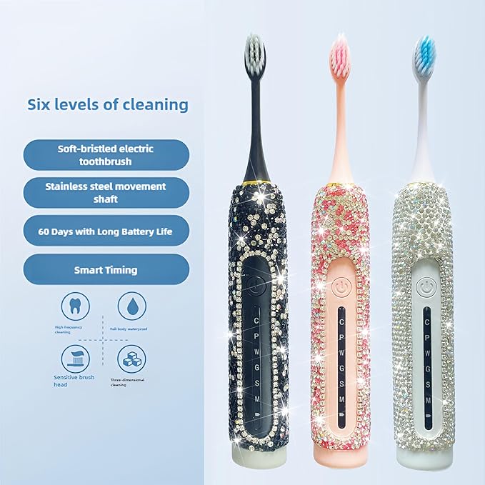 Electric Toothbrush for Woman Bling Diamond Decor Portable Travel Essentials for Couple Gifts Toothbrush with 3 Replacement Heads 6 Modes（Silver &amp Pink