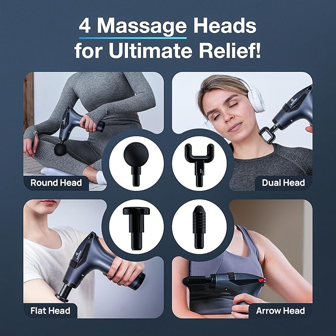3-in-1 Massage Gun Extended Handle &amp Belt with 12 Speed Levels &amp 4 Replaceable Heads for Athletes Gym Recovery and Seniors Back Pain