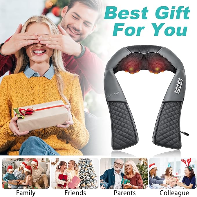 Medcursor Neck Massager Portable Electric Shiatsu Back Massage Device with Heat Deep Tissue 3D Kneading Pillow for Muscle Pain Relief (No Battery)