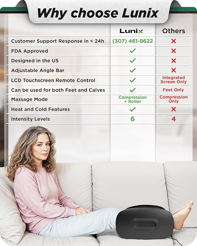 Lunix LX21 FSA Foot and Calf Massager with Remote Neuropathy &amp Plantar Fasciitis Relief Adjustable Leg Ankle Deep Kneading Shiatsu Therapy Blood Circulation Hot Cold Pockets Granite Black