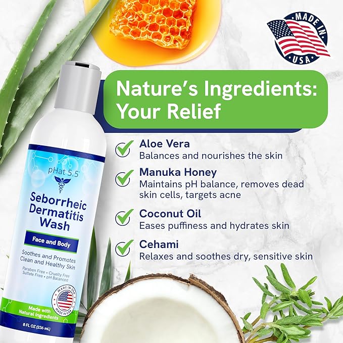 Seborrheic &amp Atopic Dermatitis Gentle Face Wash with Manuka Honey - Natural &amp Organic Face Cleanser &amp Body Wash For Sensitive Skin - Hypoallergenic Paraben Free &amp Sulfate Free Acne Fa