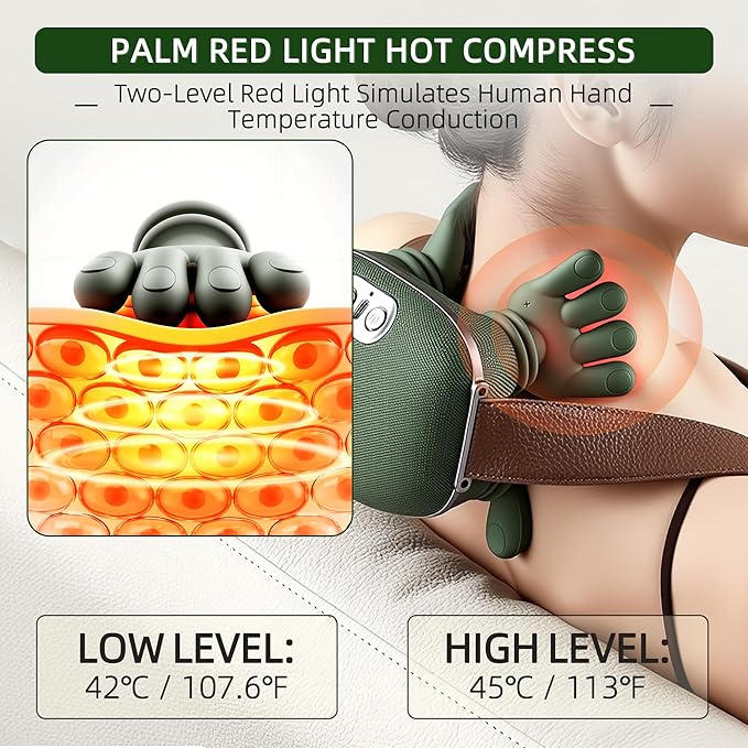 Neck Massager with Heat Bionic Portable Shiatsu Neck and Back Massager Electric Shoulder Massagers with Fingers for Pain Relief Deep Tissue Simulated Human Hand Design 4D Kneading Green