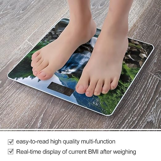 Scenic Mountain Waterfall Bathroom Scale Large LCD Backlight Display Digital Scale Rounded Corners Body Scales Automatic Power On/Off Bathroom Scales for Home Bedrooms