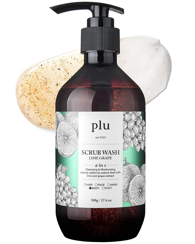 PLU Scrub Body Wash Lime Grape – Korean Exfoliating Body Cleanser - Hydrating Nourishing Radiant Glow Skin - Fresh Lime &amp Green Grape Scent - Hypoallergenic 16.9 fl.oz.