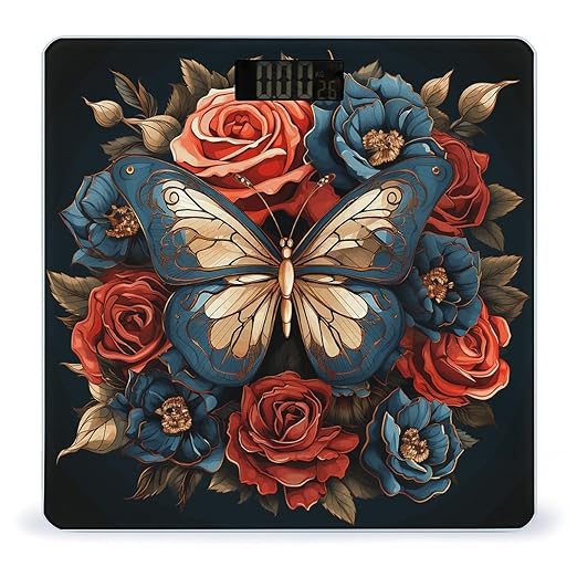 Butterflies and Roses Digital Bathroom Scale for Body Weight Weighing Scale with Backlit LCD Display High Precision Measurements &amp Measures Weight Up to 180kg