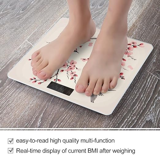 Cherry Branches Flowers Birds Scale for Body Weight Sturdy Tempered Glass Weighing Scales with LCD Display Accurate Digital Bathroom Scale Convenient Body Fat Smart Scales 400lb