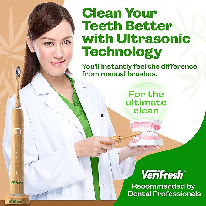 Sonic Bamboo Toothbrush - Biodegradeable Bamboo Heads with Castor Oil bristles - Includes 2 Brush Heads