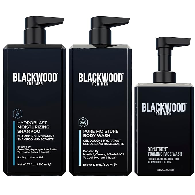 Blackwood For Men Hydroblast Moisturizing Shampoo (17oz) Pure Moisture Body Wash (17oz) and BioNutruent Foaming Face Wash (4.45oz) Bundle for Men
