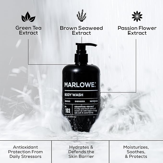 MARLOWE. Men’s Cedarwood + Sea Salt Body Care Bundle – No. 103 Body Wash 15 oz No. 024 Aluminum-Free Deodorant 2.5 oz &amp No. 102 Exfoliating Body Scrub Soap 7 oz Fresh &amp Zesty Scent