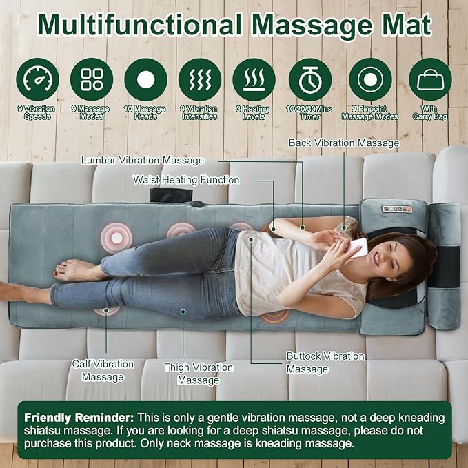 Full Body Massage Mat with Heat 10 Vibration Nodes Massage Chair Pad with 3 Heating Levels  Multifunctional Full Body Relaxation Seat Back Massager with Head Neck Foot Massage Pillow for Home Office