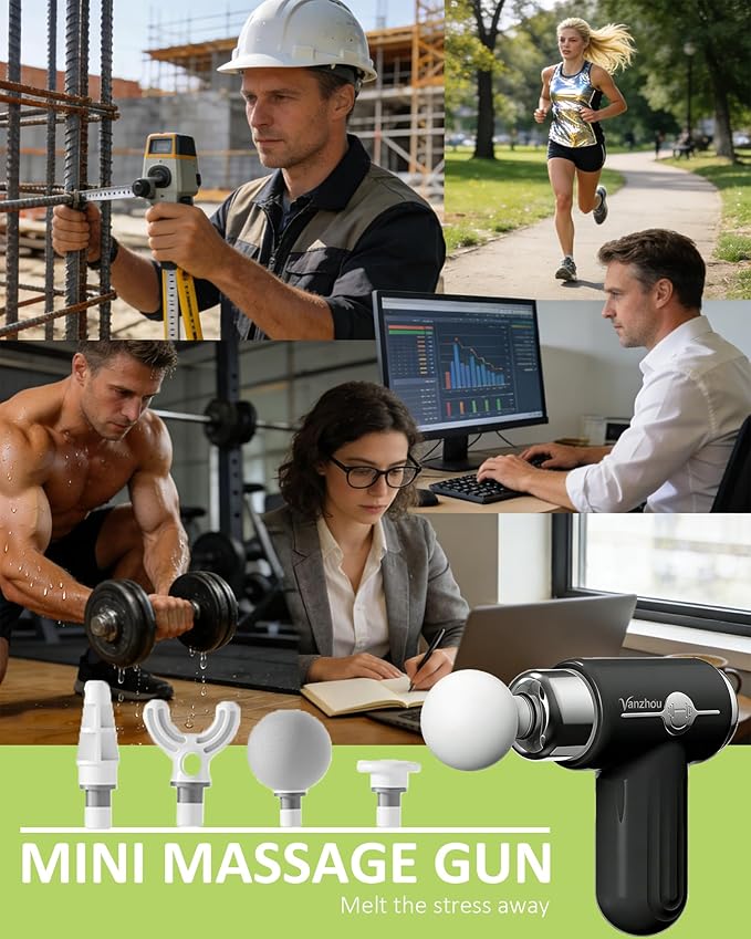 Mini Massage Gun Deep Tissue Portable Handheld Massage Gun for Muscle Recovery Quiet Percussion Massager with 9 Heads USB-C Rechargeable Massage Gun for Travel Gym &amp Office Matte Black