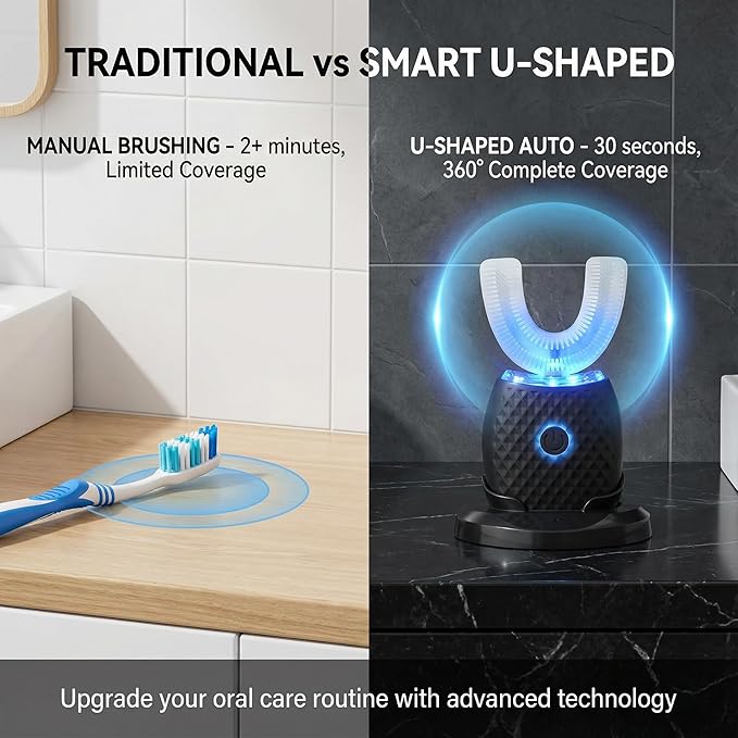 U-Shaped Electric Toothbrush for Adults Hands-Free Auto Teeth Cleaner with 360° Ultrasonic &amp Foam Mousse 4 Brush Heads LED Light &amp Charging Base Kit (Black)