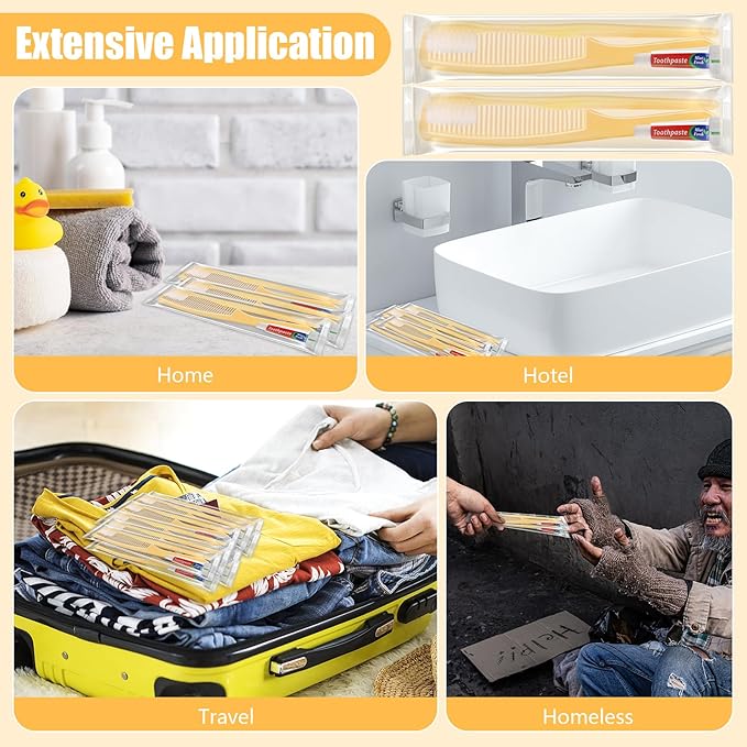 NICEMOVIC 120 Pack Disposable Toothbrushes Bulk with Toothpaste and Comb Travel Size Toothpaste Set Homeless Care Package Supplies Bulk for Individually Wrapped Disposable Travel Hotel Charity Yellow