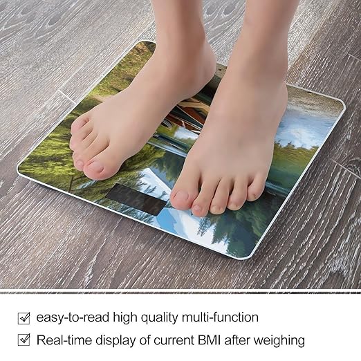 Lake with Boats Canoes Park Bathroom Scale for Body Weight Bathroom Weighing Scale with Backlit LCD Display Highly Accurate Measures Weight Up to 180kg