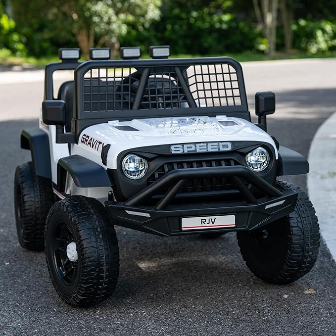 12V 7AH 4WD Kids Ride-On Truck Electric Off-Road Car with Remote &amp Pedal Control LED Lights Music USB Safety Belt 4-Wheel Suspension Adjustable Speeds Outdoor Gift for Boys Girls White