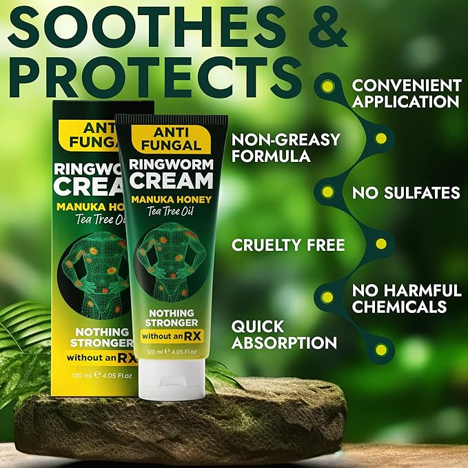 Antifungal Body Care Bundle – Tea Tree Oil Body Wash (16.9 oz) with Silicone Scrubber + Manuka Honey &amp Tea Tree Oil Cream (120ml) – Soothes Itchy Irritated Skin for Men &amp Women