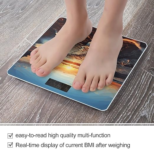 Sunset View on The Beach Shore Digital Bathroom Scale for Body Weight Weighing Scale with Backlit LCD Display High Precision Measurements &amp Measures Weight Up to 180kg
