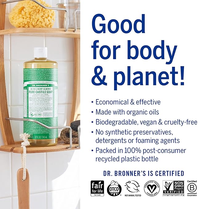 Dr. Bronner's Pure-Castile Magic Soap Liquid (Almond 16 Ounce) - Made with Regenerative Organic Certified Oils 18-in-1 Uses: Face Body Hair Laundry Pets and Dishes Concentrated Vegan Non-GMO