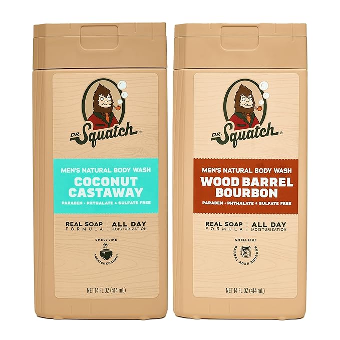 Dr. Squatch Natural Men's Body Wash Shower Gel - Cleansing Nourishing Long Lasting Scent Moisturizing Body Wash for Men - Coconut Castaway + Wood Barrel Bourbon (14 oz 2-Pack)