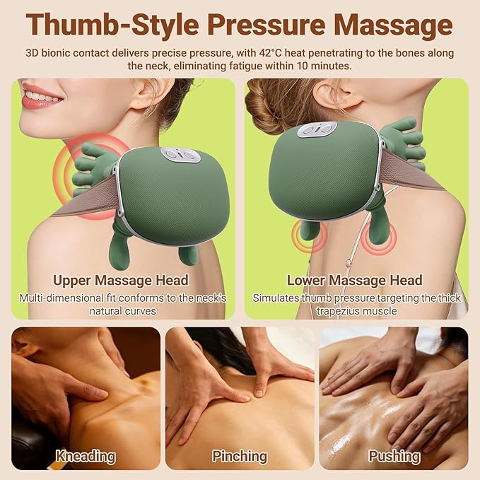 Neck Massager with Heat Simulating Authentic Palm-Style Neck and Shoulder Massage 4D Kneading Massage Relieves Fatigue and Relaxes Muscle Tension(Green)