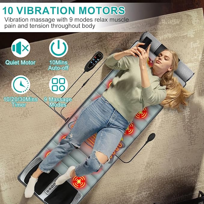 Full Body Massage Mat with Heat &amp Movable Shiatsu Neck Back Massager Pillow &amp Foot Massager Massage Mattress Pad with Top Pillow Lumbar Support 10 Vibration Motors 3 Heating Pads &amp 9 M