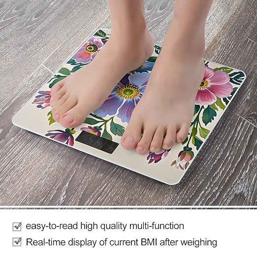 Hand Painted Flowers Bathroom Scale for Body Weight Bathroom Weighing Scales with Back Lit LED Display Sturdy Tempered Glass Body Weight Bathroom Scale 400lb Weighing