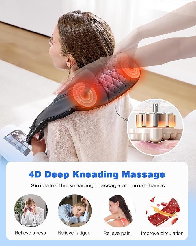 KINGJOY Neck and Shoulder Massager with Heat Shiatsu Neck and Back Massager for Back Shoulder Legs 2025 Upgraded 4D Kneading Deep Tissue Pain Relief Gifts for Women/Men/Mom/Dad Plug-in Use Only