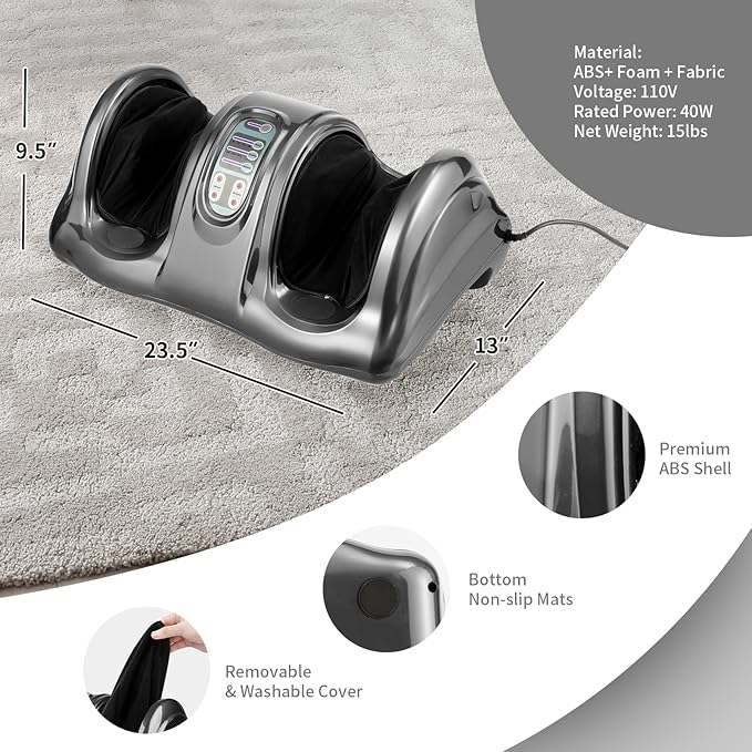 RELAX4LIFE Shiatsu Foot Massage Machine Rolling Massager with Remote Control 4 Programs 3 Modes Touch Panel Electric Calf Deep Kneading for Plantar FasciitisTired Muscle Massaging (Gray)
