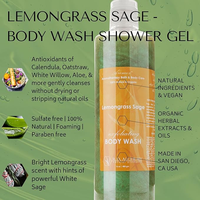 RD Alchemy - 98% Natural &amp Organic Lemongrass Sage Body Wash Shower Gel - Bright and Earthy Scent to Detoxify and Balance while Cleansing Exfoliating and Renewing