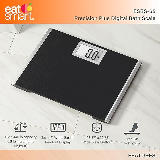 Eat Smart Precision Plus Scale for Body Weight Wide Platform for added comfort. Extra heavy 440 LB capacity