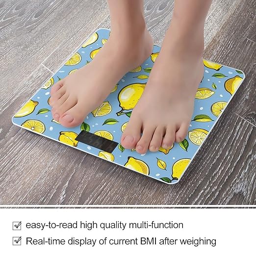 Lemon Hand Drawn Pattern Scale for Body Weight Digital Bathroom Scale Toughened Glass High Precision Scales for Body Weight with Large LCD Backlight Display Weight Scales