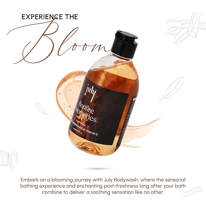 July Bonfire Memories Body Wash 300ml Oudh &amp Sandalwood Vitamin E with Moisturizer Long Lasting Fragrance Exfoliating Shower Gel Nourishing Body Wash for Women &amp Men