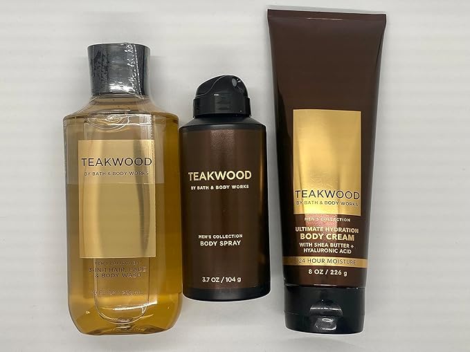 Bath and Body Works Teakwood - Three Piece Men's Collection 8 oz Body Cream 3.7 oz Deodorizing Body Spray 10 oz 2-IN-1 Hair and Body Wash