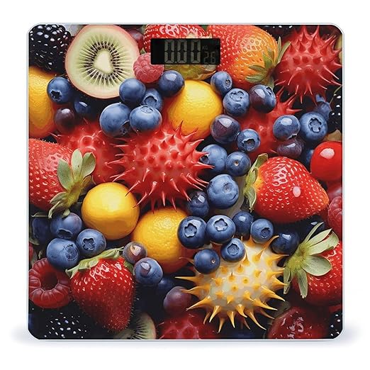 Yellow and Blue Fruits Scale for Body Weight Anti-Slip Tempered Glass Digital Bathroom Scales Clear LCD Display Weighing Scale Safe Rounded Corners Smart Scales