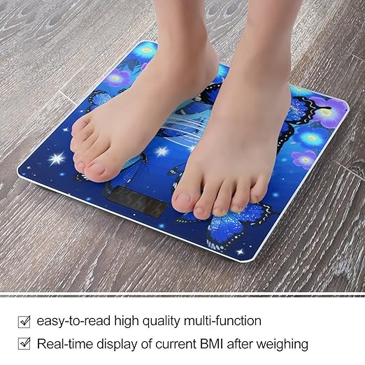 Blue Glitter Butterfly Weight Scale Large Digital Bathroom Scales with Bright LED Display Non Slip Digital Scale and Step On Fashion Weighing Machine for Body