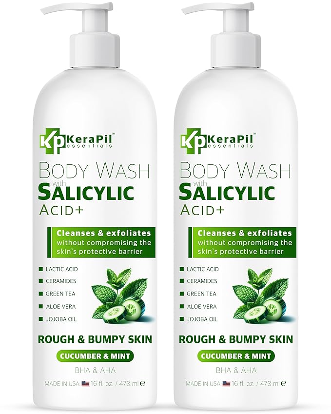 Exfoliating Body Wash with Salicylic Acid - No Dry Out Gentle Exfoliates Rough and Bumpy Skin Body Acne Wash BHA &amp AHA - Cucumber and Mint Salicylic Acid Body Wash - (16 fl oz x 2)