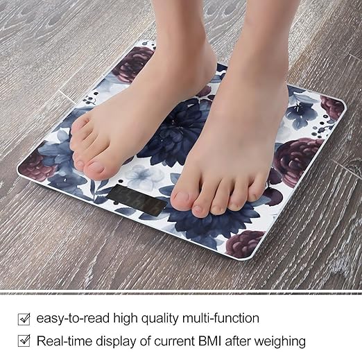 Watercolor Dark Blue Pattern Digital Bathroom Scale for Body Weight Weighing Scale with Backlit LCD Display High Precision Measurements &amp Measures Weight Up to 180kg